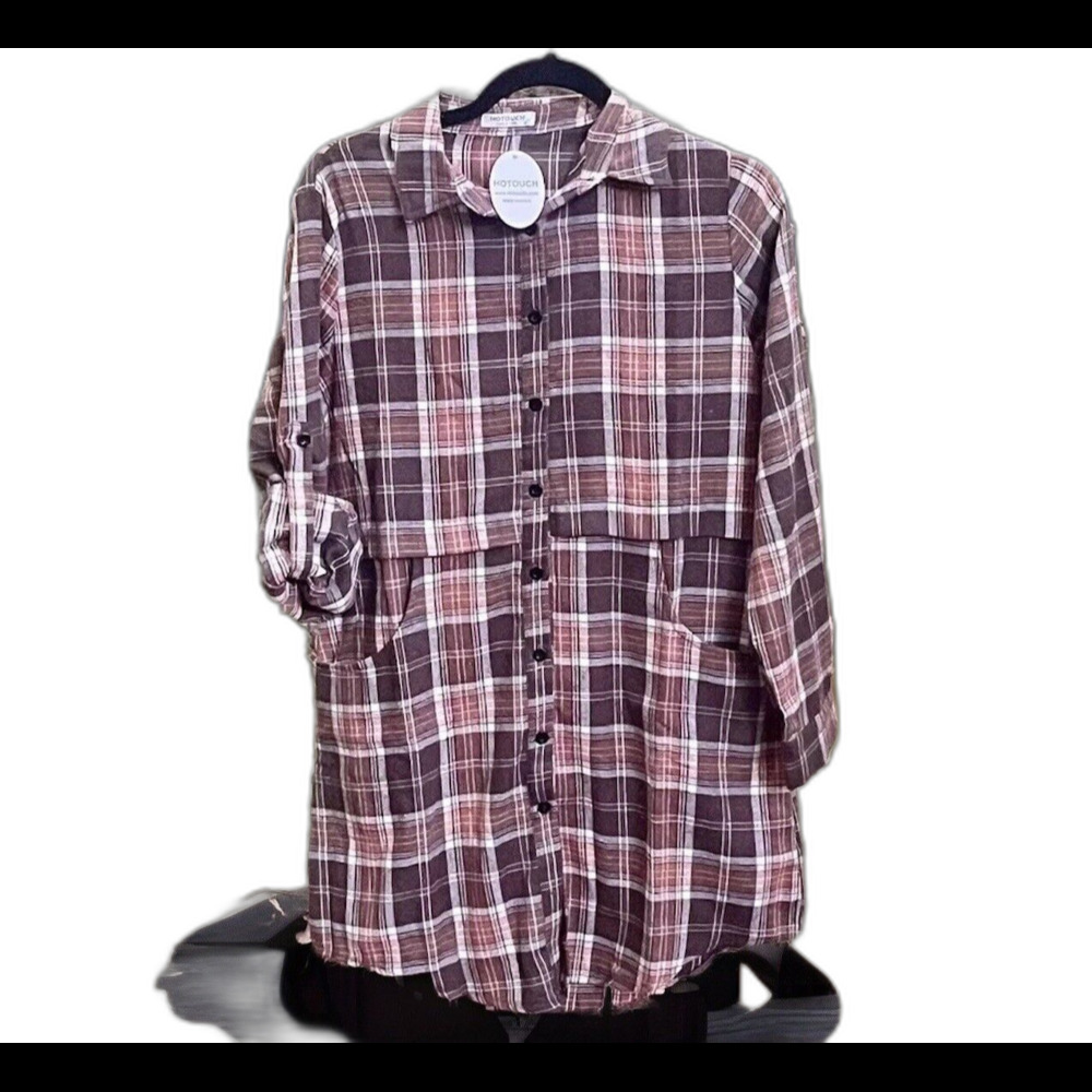 Oversized Long Plaid Flannel Shirt Womens S Brown Grunge Y2K Outdoor Gorp Cabin